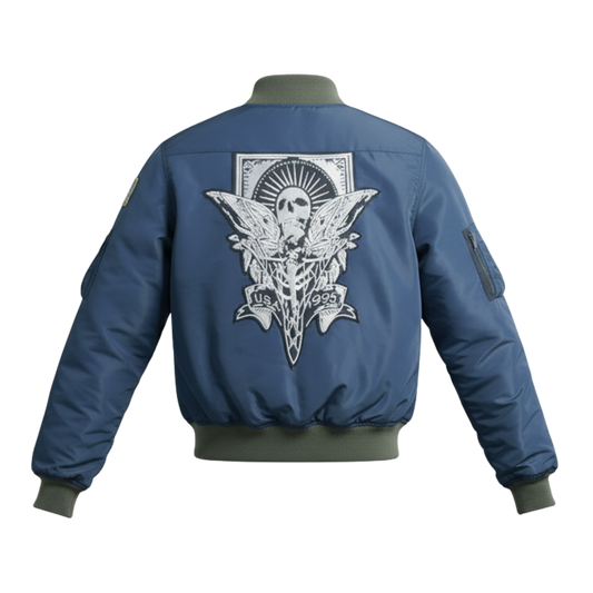 Leon Kennedy Satin Bomber Jacket - RE4 Blue Skull Jacket