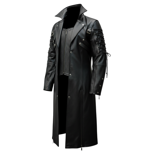 Men's Black Genuine Leather Gothic Long Coat – Victorian Halloween Cosplay Jacket