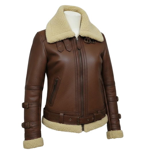 Women's Brown Leather B3 Bomber Aviator Jacket, Real Sheepskin Pilot Coat