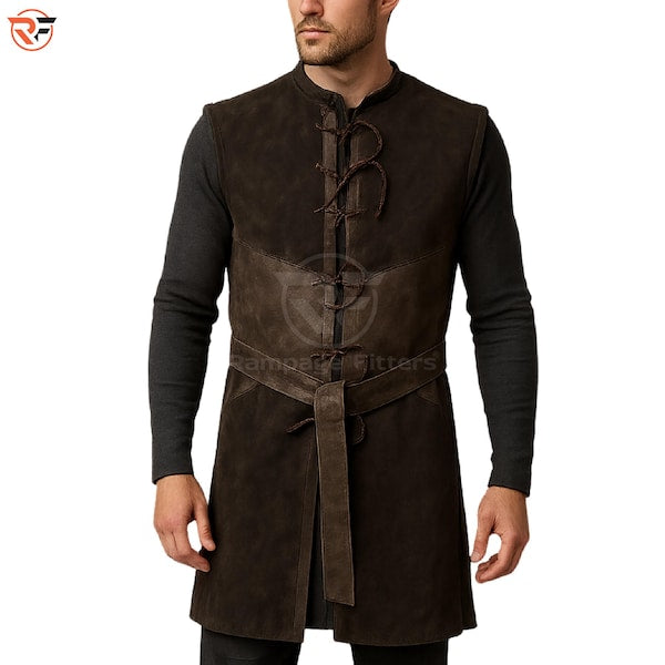 Aragorn's Suede Leather Ranger Vest: Medieval Long Leather Jerkin LARP Cosplay Costume