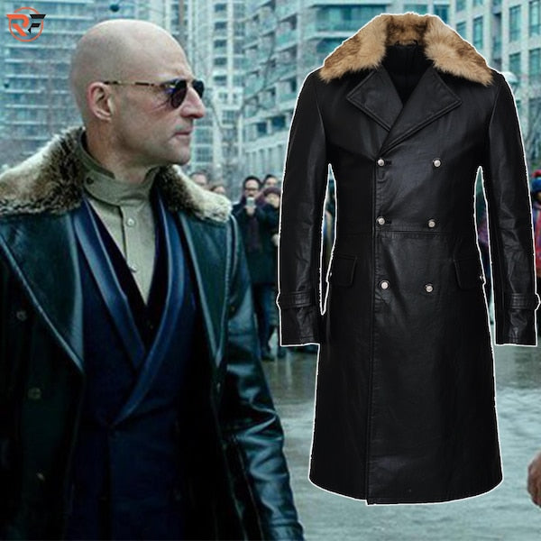 Mad Doctor Black Leather Coat | Villain Inspired Fur Lapel Duster | Vintage 90s Movie Replica | Men's Long Biker Cosplay Trench