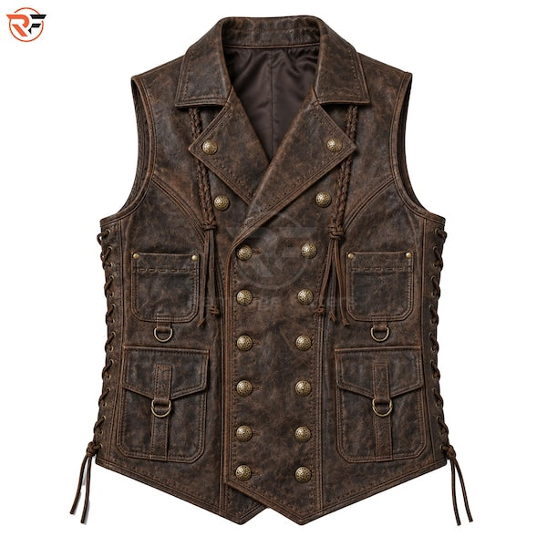 Gothic Captain Sparrow Distressed Leather Vest | 1900s Jack Style LARP Waistcoat costume | Vintage Pirates Leathers Look, Medieval Outfit