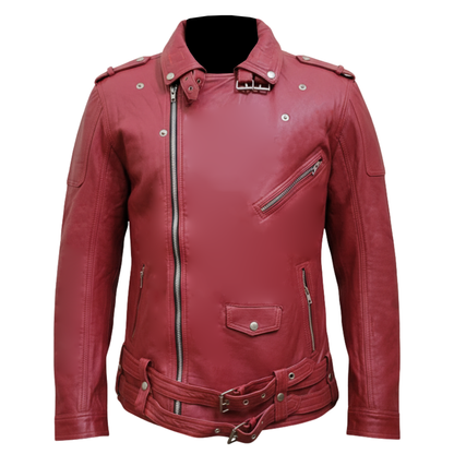 Men's Burgundy Sheepskin Leather Motorcycle Jacket | Brando Style Biker Coat