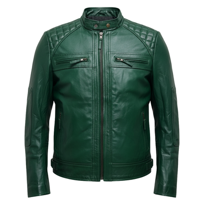 Men's Green Sheepskin Leather Biker Jacket – Diamond Stitch Moto Style