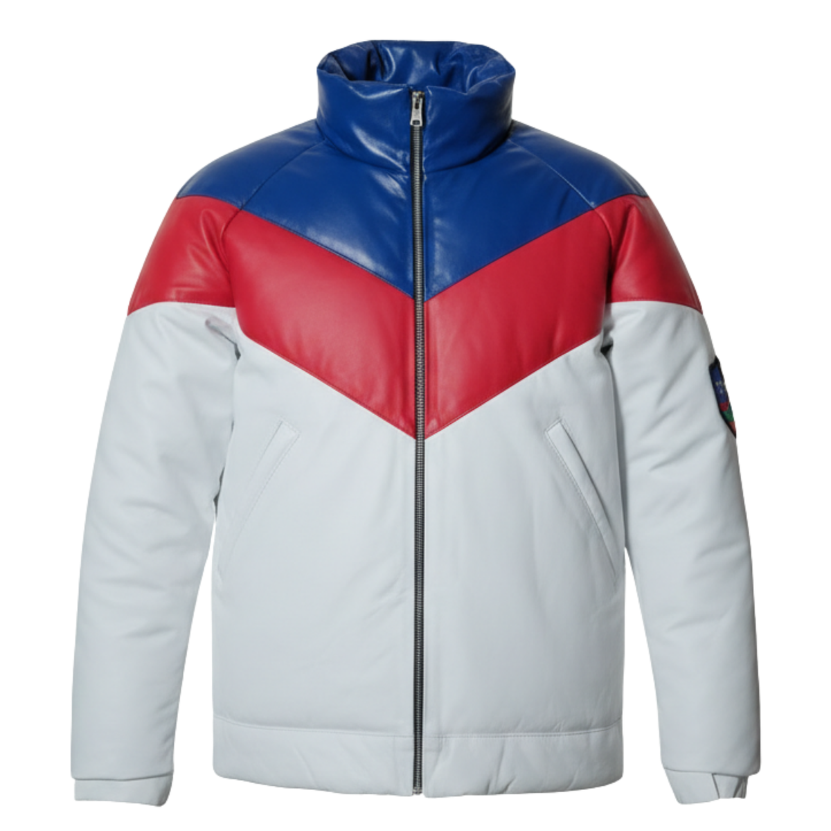 Mens Lambskin Puffer Jacket | Three Tone Red, White & Royal blue Leather V-Bomber Jacket