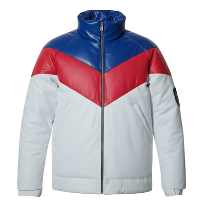 Mens Lambskin Puffer Jacket | Three Tone Red, White & Royal blue Leather V-Bomber Jacket