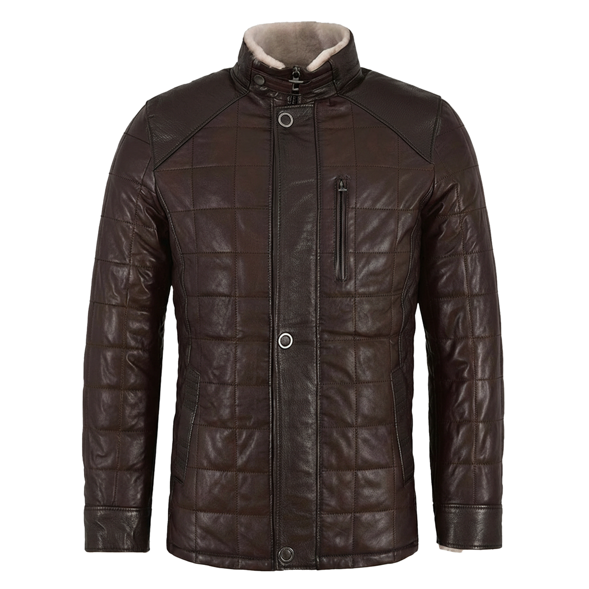 Mens Brown Lambskin Leather Puffer Jacket | Striped Quilted Winter Warm Coat