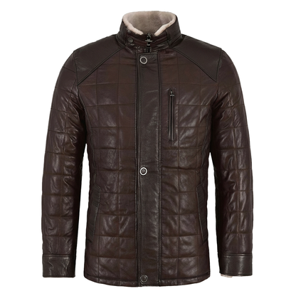 Mens Brown Lambskin Leather Puffer Jacket | Striped Quilted Winter Warm Coat