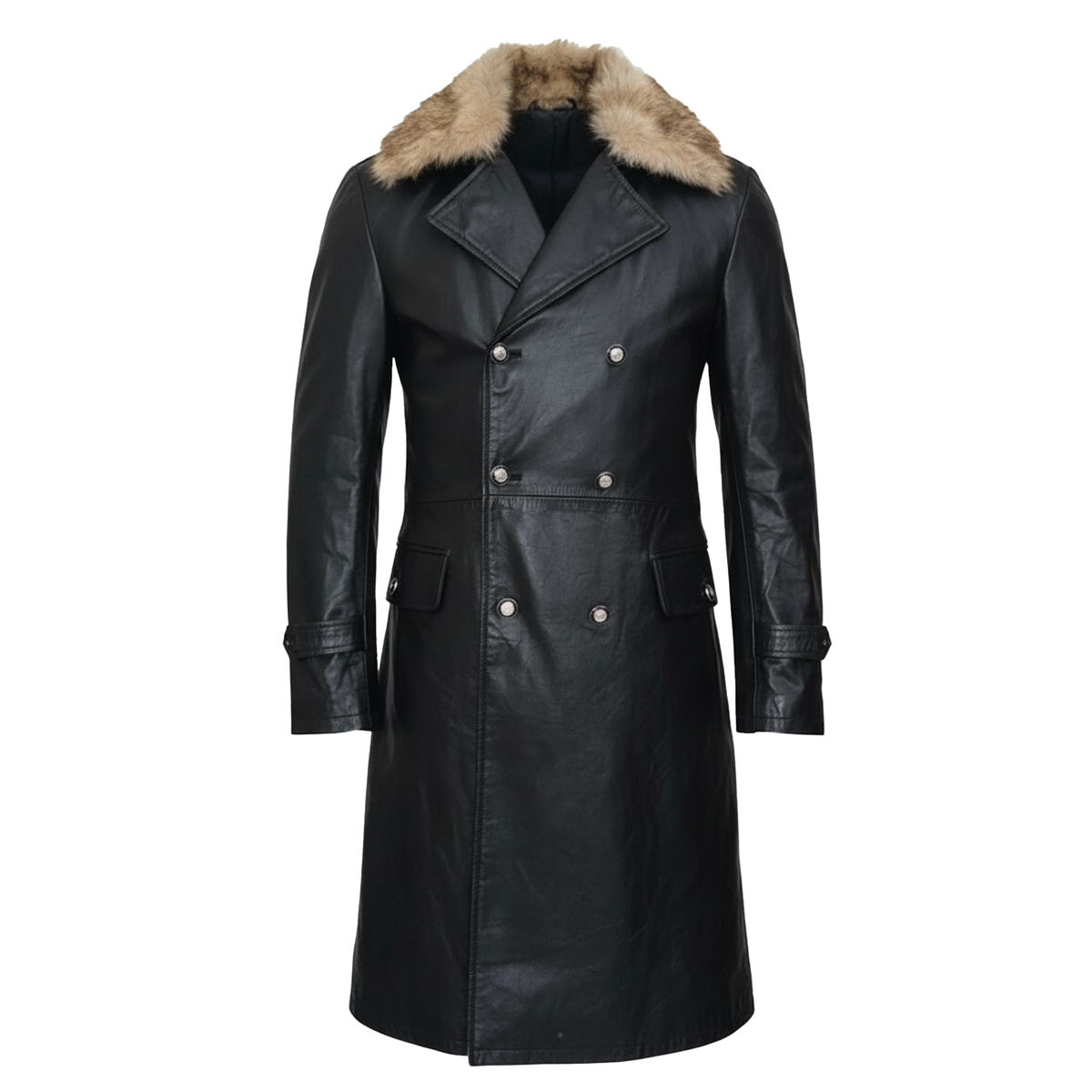 Mad Doctor Black Leather Coat | Villain Inspired Fur Lapel Duster | Vintage 90s Movie Replica | Men's Long Biker Cosplay Trench
