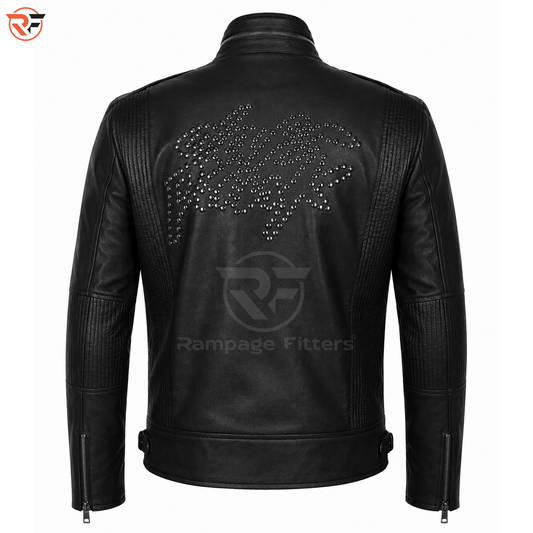 Men's Black Studded Leather Biker Jacket – Punk Rock Motorcycle Jacket, Silver Studded Leather Jacket