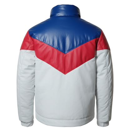 Mens Lambskin Puffer Jacket | Three Tone Red, White & Royal blue Leather V-Bomber Jacket