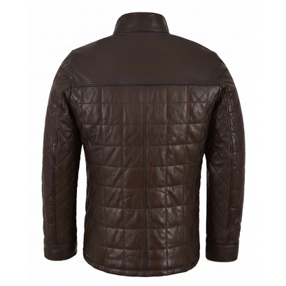 Mens Brown Lambskin Leather Puffer Jacket | Striped Quilted Winter Warm Coat