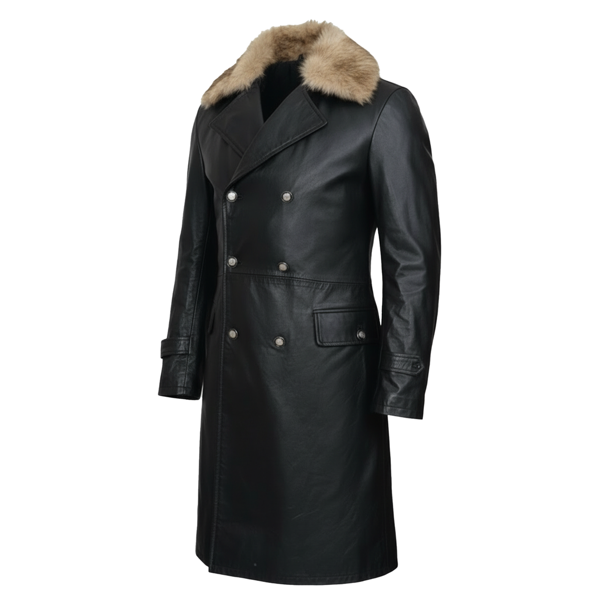 Mad Doctor Black Leather Coat | Villain Inspired Fur Lapel Duster | Vintage 90s Movie Replica | Men's Long Biker Cosplay Trench