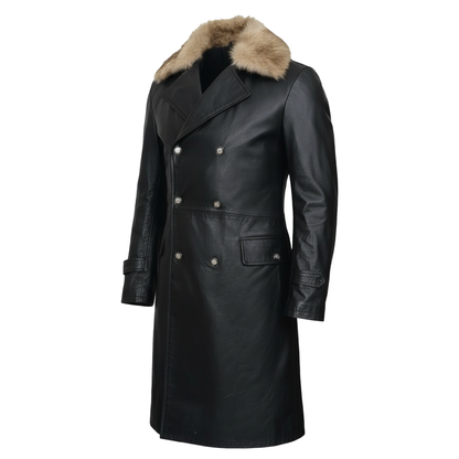 Mad Doctor Black Leather Coat | Villain Inspired Fur Lapel Duster | Vintage 90s Movie Replica | Men's Long Biker Cosplay Trench