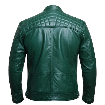 Men's Green Sheepskin Leather Biker Jacket – Diamond Stitch Moto Style
