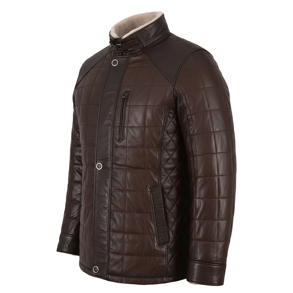 Mens Brown Lambskin Leather Puffer Jacket | Striped Quilted Winter Warm Coat