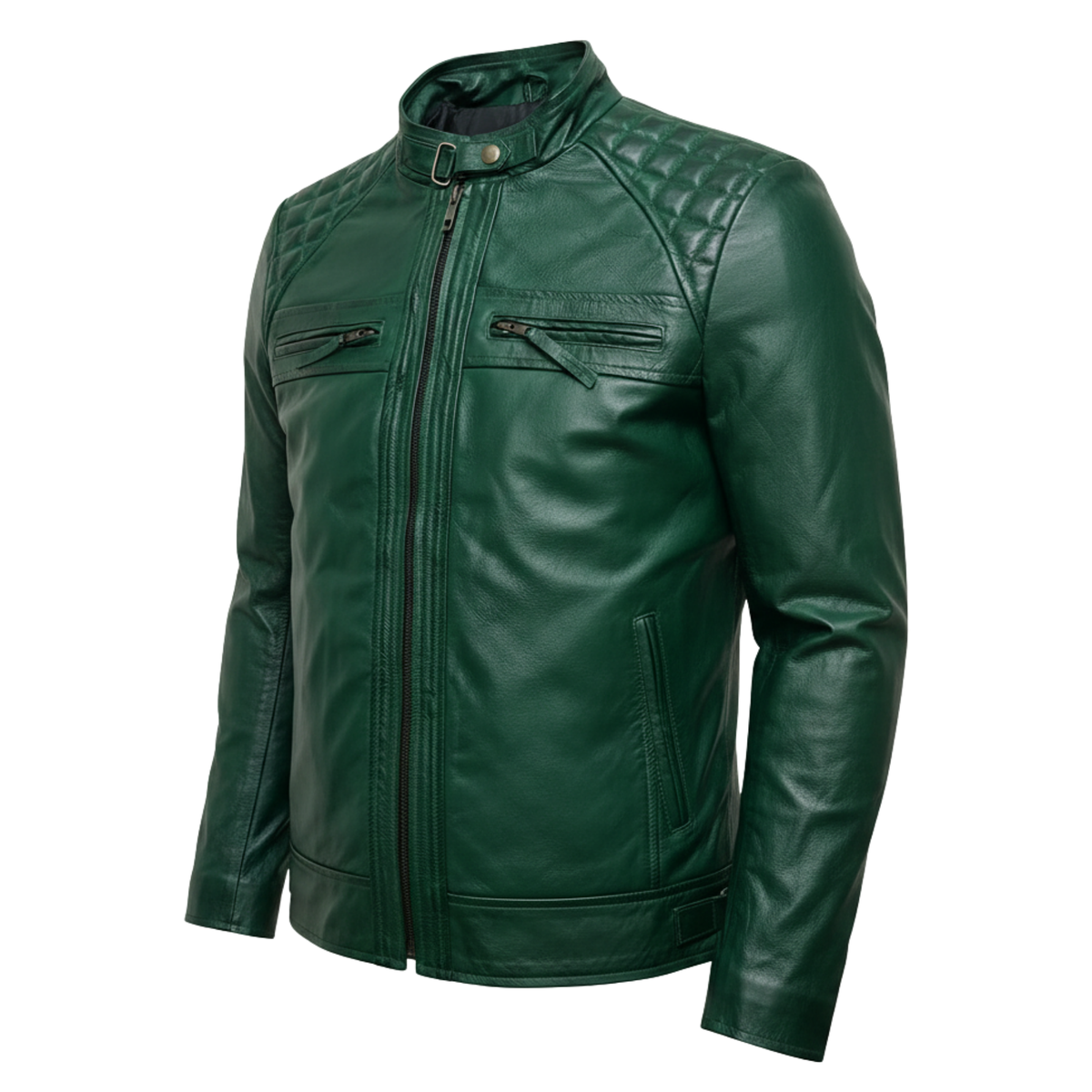 Men's Green Sheepskin Leather Biker Jacket – Diamond Stitch Moto Style