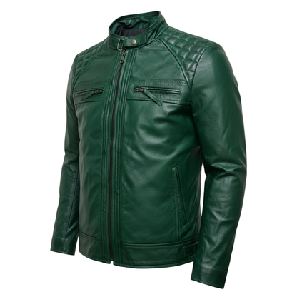Men's Green Sheepskin Leather Biker Jacket – Diamond Stitch Moto Style