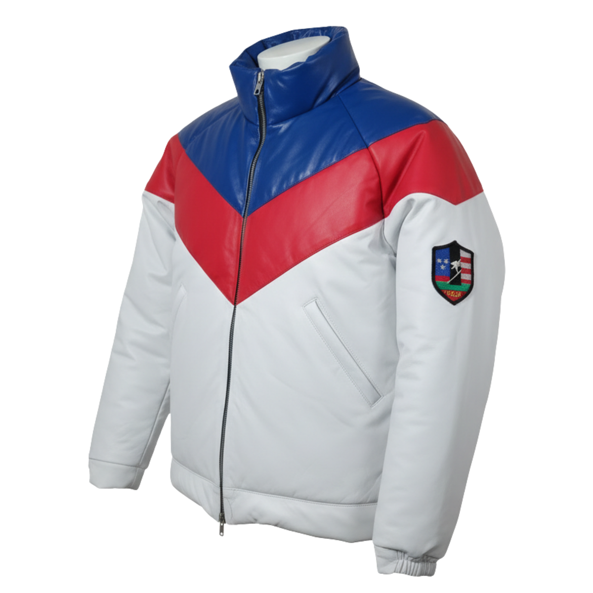 Mens Lambskin Puffer Jacket | Three Tone Red, White & Royal blue Leather V-Bomber Jacket