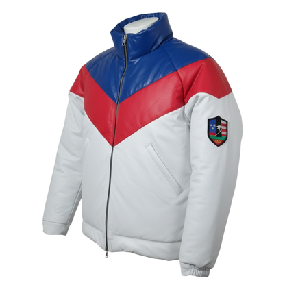 Mens Lambskin Puffer Jacket | Three Tone Red, White & Royal blue Leather V-Bomber Jacket