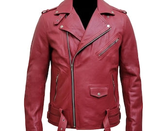 Men's Burgundy Sheepskin Leather Motorcycle Jacket | Brando Style Biker Coat