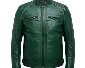 Men's Green Sheepskin Leather Biker Jacket – Diamond Stitch Moto Style