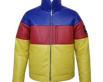 Mens Lambskin Multi Color Puffer Jacket | Striped Leather Bomber Jacket