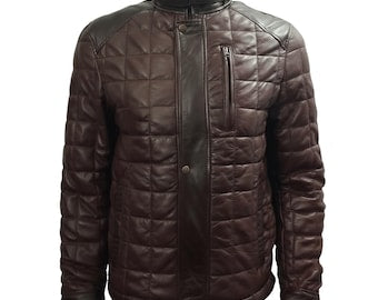 Mens Brown Lambskin Leather Puffer Jacket | Striped Quilted Winter Warm Coat