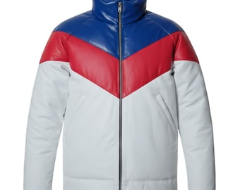 Mens Lambskin Puffer Jacket | Three Tone Red, White & Royal blue Leather V-Bomber Jacket