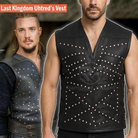 Men Uhtred Viking Vest | Last Kingdoms Black Studded Warrior Costume