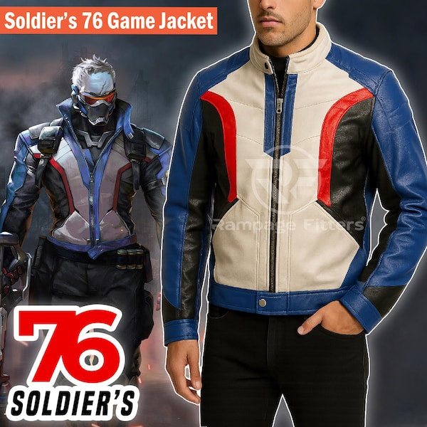 Soldier 76 Inspired Leather Bomber Jacket: Mens Cosplay Costume