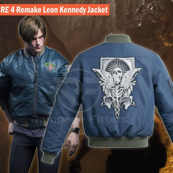 Leon Kennedy Satin Bomber Jacket - RE4 Blue Skull Jacket