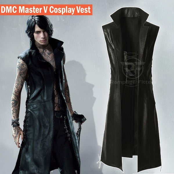 DMC 5 V long Black Leather Vest | Devil May Cry Gothic Lace Up Coat