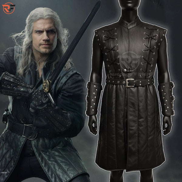 Witcher Armor Vest: Black Leather LARP Costume, Medieval Ranger Knight Cosplay