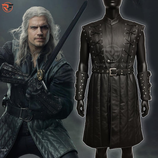 Witcher Armor Vest: Black Leather LARP Costume, Medieval Ranger Knight Cosplay
