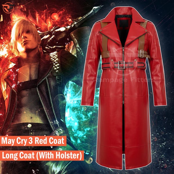 May Cry 3 Dante Red Leather Coat | Devil Hunter DMC3 Red Cosplay Costume