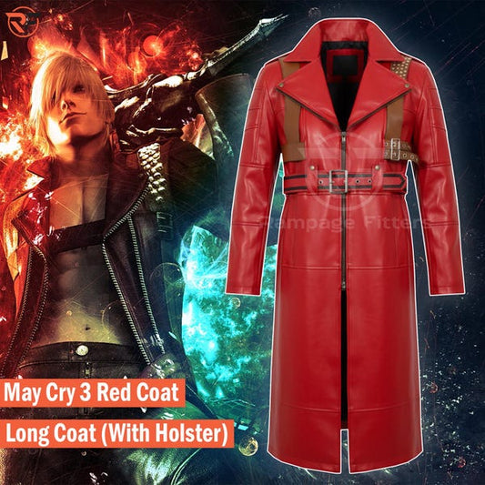 May Cry 3 Dante Red Leather Coat | Devil Hunter DMC3 Red Cosplay Costume