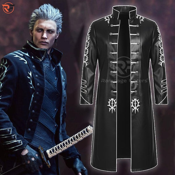 DMC 5 Vergil Trench Coat | Black Leather Cosplay Costume