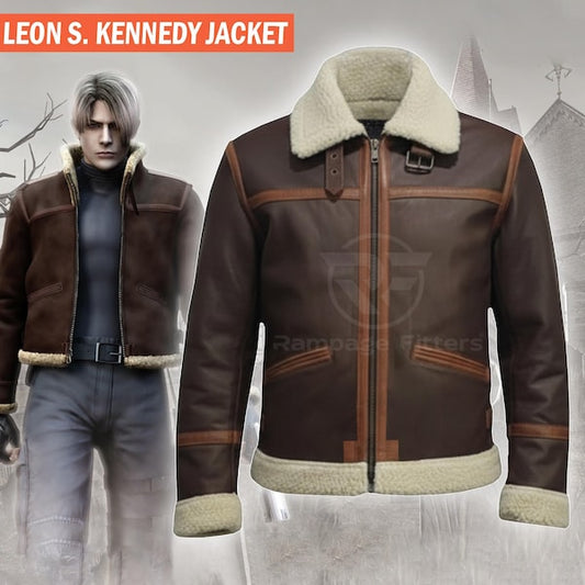 RE4 Leon Kennedy Leather Jacket - B3 Shearling Brown Jacket Resident Evil's Cosplay Costume