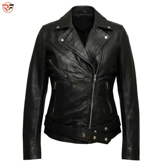 Women's Black Genuine Leather Biker Jacket – Motorcycle Style, Handmade Craftsmanship