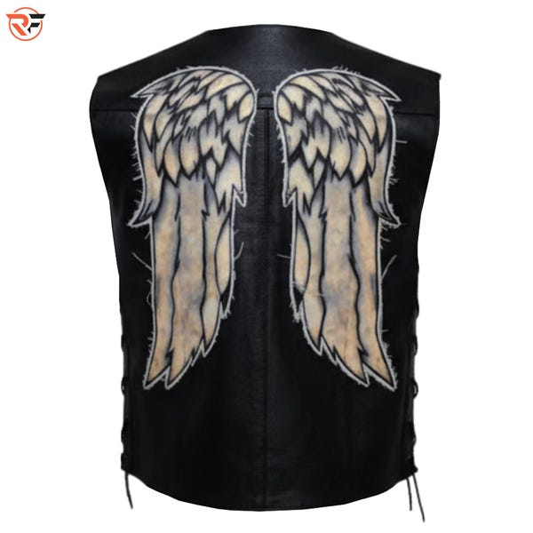 Angel Wings Biker Genuine Leather Vest, Daryl Dixon TWD Inspired Cosplay Waistcoat
