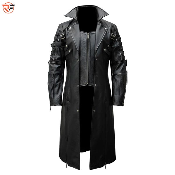 Men's Black Genuine Leather Gothic Long Coat – Victorian Halloween Cosplay Jacket