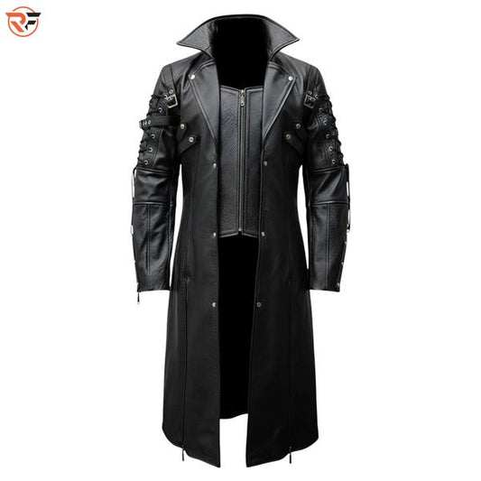 Men's Black Genuine Leather Gothic Long Coat – Victorian Halloween Cosplay Jacket