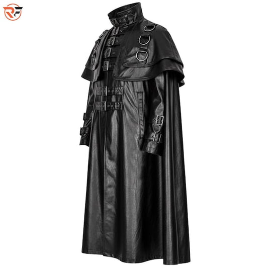 Black Leather Steampunk Gothic Long Coat – Victorian Vampire Halloween Costume