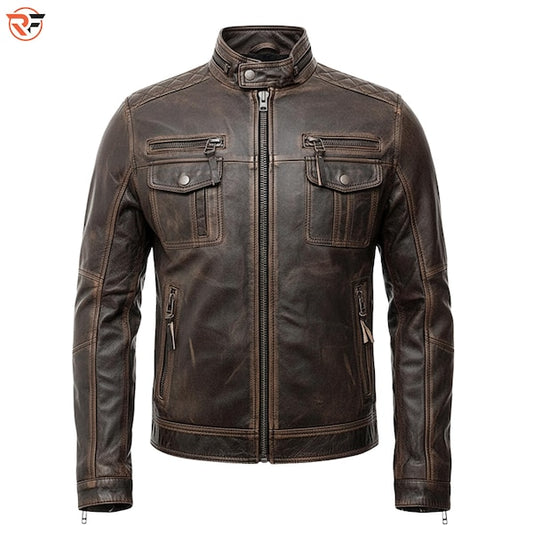 Cafe Racer Distressed Biker Leather Jacket Brown - Vintage Retro Motorcycle Design with Genuine Leather Classic Moto Style
