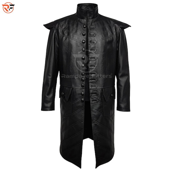 Men's Black Leather Pirate Coat, Medieval Renaissance Trench Jacket, Steampunk Gothic Captain Costume