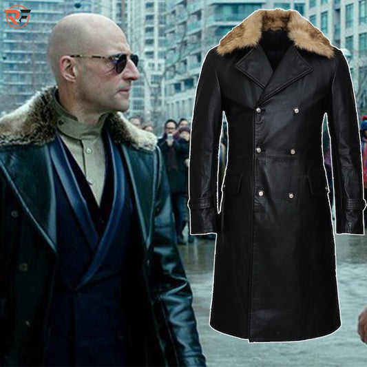 Mad Doctor Black Leather Coat | Villain Inspired Fur Lapel Duster | Vintage 90s Movie Replica | Men's Long Biker Cosplay Trench