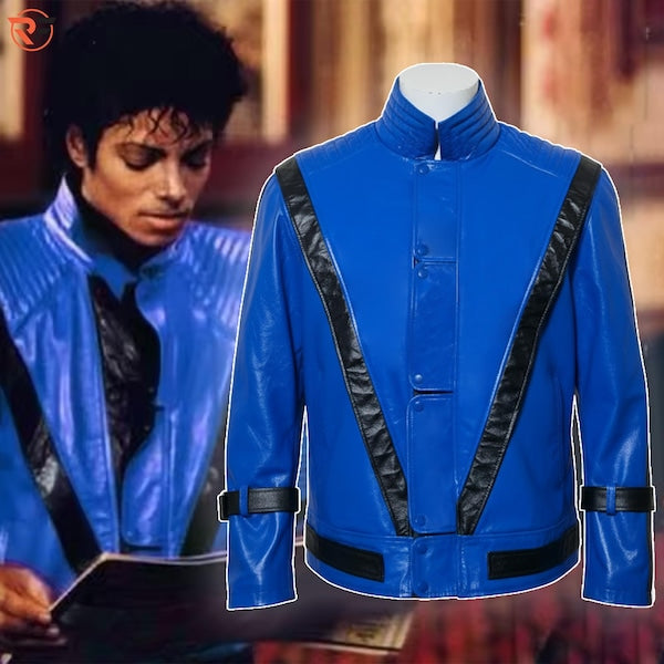 Handmade MJ Thriller Blue Leather Jacket – 80s Pop Star Biker Style Costume