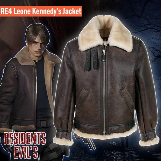 Resident Evil 4 Leather Jacket – Faux Fur Leon Kennedy Shearling Brown Leather Jacket - Gaming Cosplay Costume