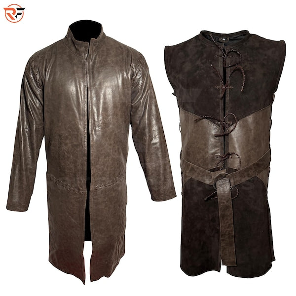 Medieval Leather Duster Coat Suede Vest Set, Fantasy Ranger Cosplay Outfit, Festival Wear